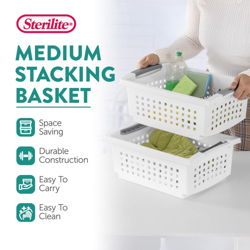 Sterilite 10-Pack Medium Stacking Basket, Open Top Plastic Storage Organizer, White - Stackable Crate Containers for Countertop, Cabinet, Pantry Shelf, Laundry Room, Bathroom & Home Office - Image 2